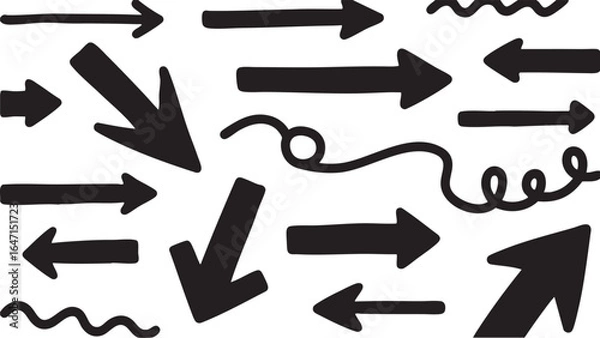 Fototapeta Various handdrawn black arrows and directional symbols isolated on white background