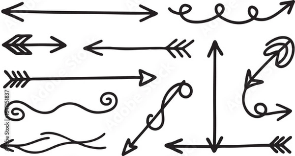 Fototapeta Various handdrawn black arrows and directional symbols isolated on white background