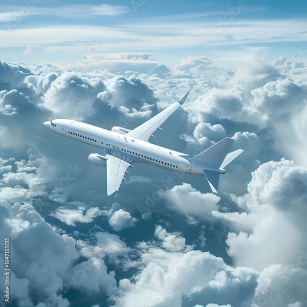 Fototapeta White passenger airplane flying high above fluffy clouds in a blue sky, symbolizing travel and freedom.