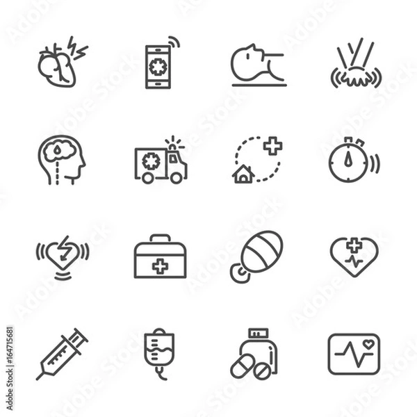 Obraz Heart attack first aid, Healthcare and medical icons set. Vector line icons