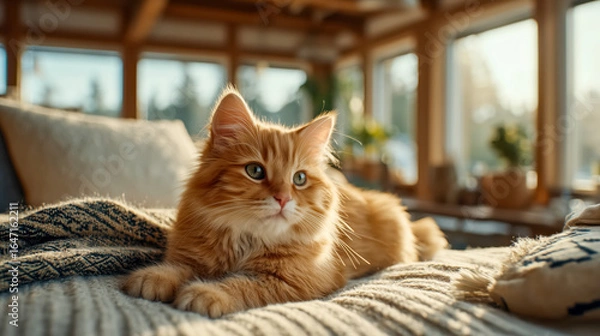Obraz A fluffy orange kitten resting comfortably on a cozy knitted blanket, surrounded by a warm and inviting indoor setting. Concept of relaxation and comfort.