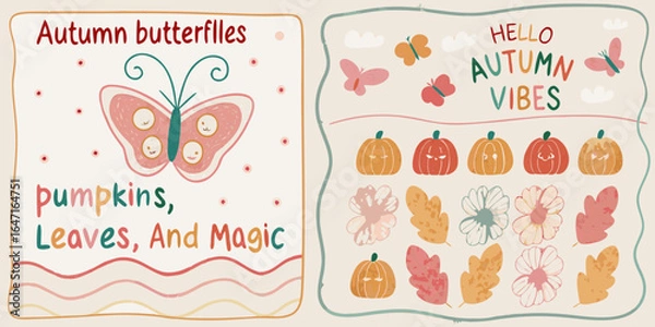 Fototapeta Whimsical autumn vibes with butterflies pumpkins and leaves