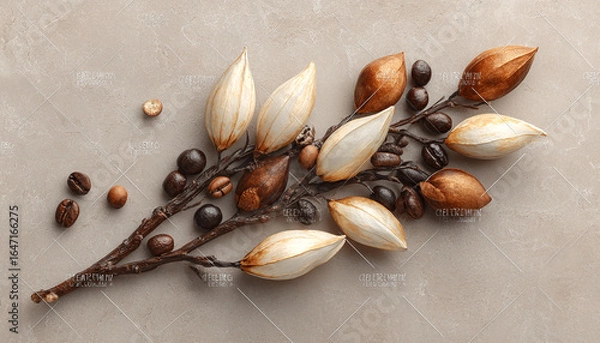 Fototapeta COMPOSICIÓN MINIMALISTA DE RAMA SECA CON ELEMENTOS DE CHOCOLATE Y CAFÉ