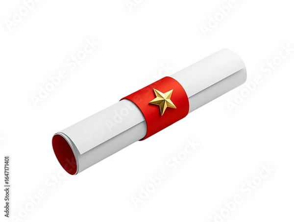 Obraz Rolled diploma certificate with red ribbon and golden star symbolizing achievement and graduation transparent background