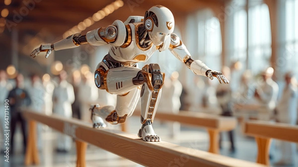 Fototapeta Futuristic humanoid robot performing dynamic acrobatic move on balance beam inside hall with blurred audience in background. Concept of artificial intelligence in sports and performance excellence