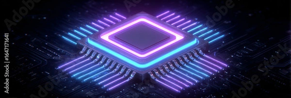 Fototapeta MICROCHIP CON ILUMINACIÓN NEÓN, REPRESENTACIÓN 3D