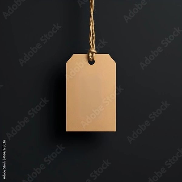 Fototapeta Minimalist blank beige tag hanging from a twisted jute string against a dark background, ready for customization