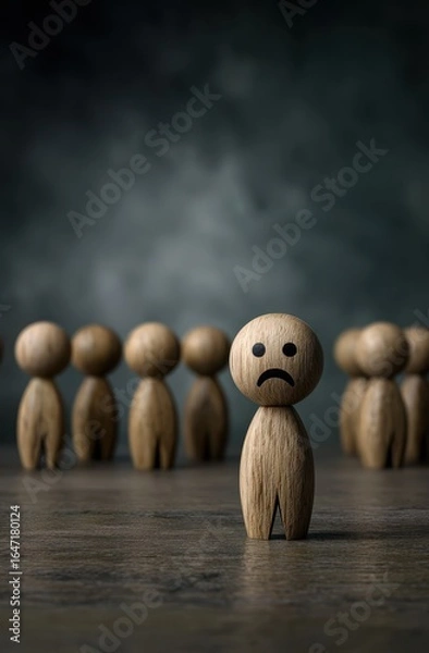 Fototapeta A lone, sad wooden figure stands in front of a blurred group, symbolizing isolation, loneliness, and feeling left out.