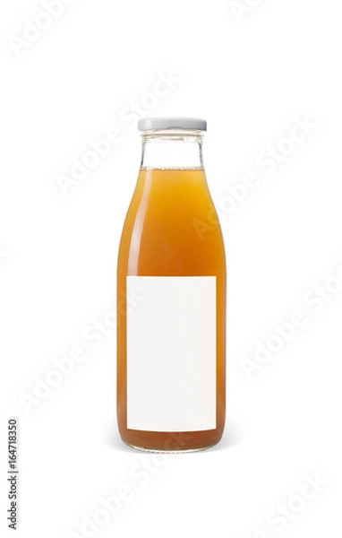 Fototapeta bottle of apple juice with blank blue label isolated on white