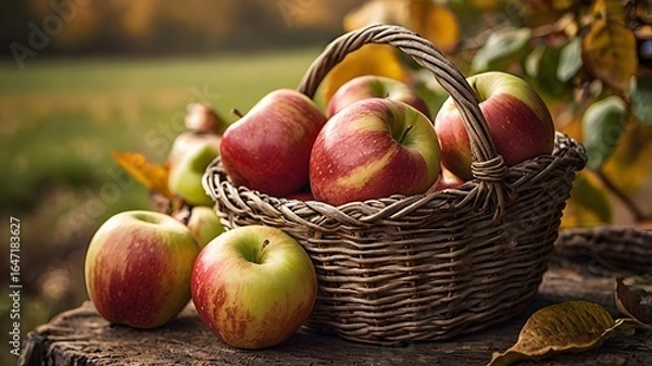 Fototapeta autumn apples in rustic basket with countryside background