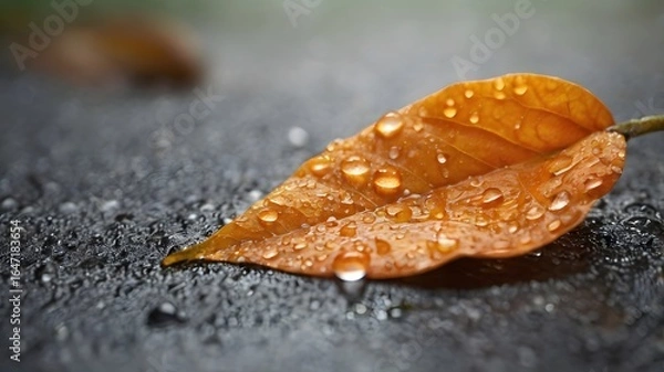 Fototapeta dew drops on fallen orange leaf with soft background