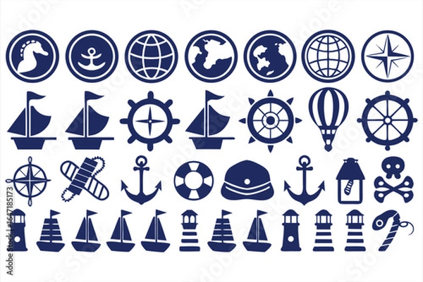 Fototapeta Vector icons set of nautical travel signs and symbols with marine and sea elements