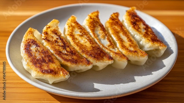 Fototapeta 木製のテーブルの上で、焼き加減が完璧な餃子を白い陶器の皿に盛り付けたスタジオ撮影写真