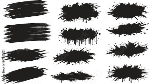 Fototapeta Brush strokes, black ink lines. rough textured edges and varied paint patterns isolated on white background for grunge design elements and artistic backgrounds