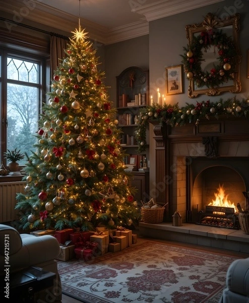 Obraz christmas tree with fireplace