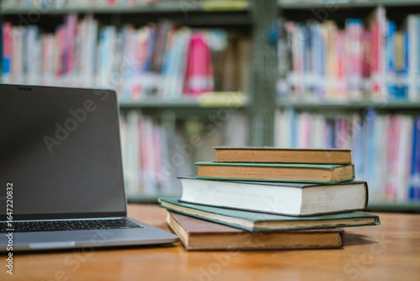Fototapeta Books in the library and a laptop represent the concept of basic education.
