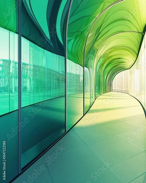 Fototapeta Modern Futuristic Corridor with Green Glass Walls modern futuristic corridor green architecture building interior hallway glass wall curved wall tunnel perspective light shadow teal yellow abstract