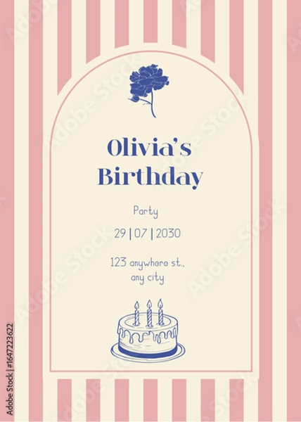 Fototapeta Happy Birthday girly cards in elegant trendy hand drown retro 90s style. Minimalist line art. Celebration congratulations posters with cakes and cocktails. Vector frame template for party, event.
