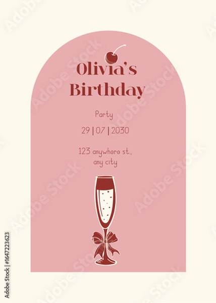 Fototapeta Happy Birthday girly cards in elegant trendy hand drown retro 90s style. Minimalist line art. Celebration congratulations posters with cakes and cocktails. Vector frame template for party, event.