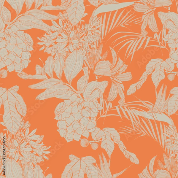 Fototapeta Seamless botanical floral pattern with umbrellas agapanthus, lilies, palm leaves and exotic flowers. Vector orange illustration.