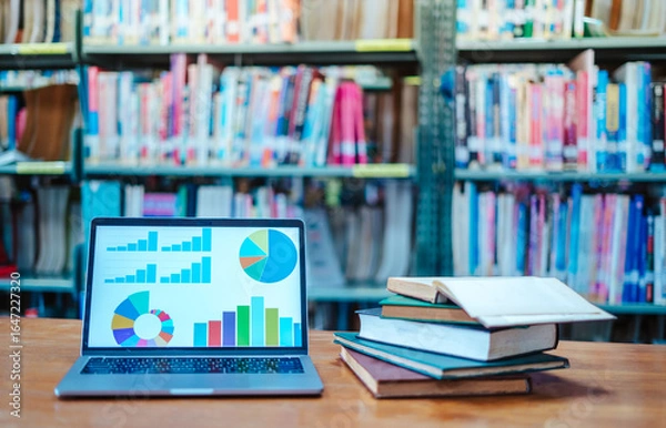 Fototapeta The laptop screen displays a business analysis graph in the library.
