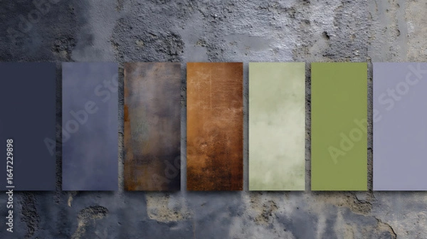 Fototapeta Textured material samples on a rugged concrete wall for design inspiration