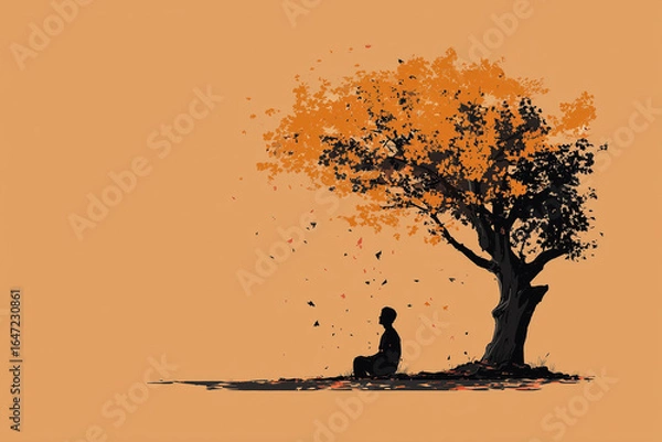 Fototapeta Minimalist line drawing of a calm silhouette sitting under a large tree with falling leaves, symbolizing mindfulness, balance, and peace, muted autumn colors for mental health,mindfull