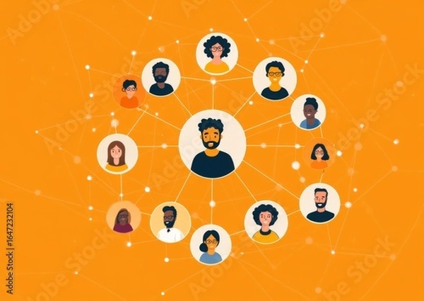 Fototapeta A Vibrant Connection Network Showcasing Diverse Individuals Linked by Shared Interests and Interactions on an Orange Background