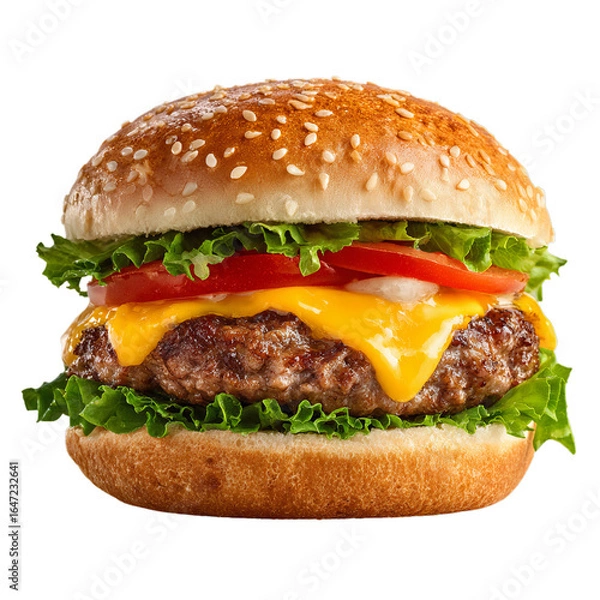Fototapeta Classic cheeseburger with lettuce and tomato. Isolated white background. Png format