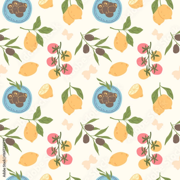 Fototapeta Italian seamless pattern with lemons, olives, and tomatoes on a light background