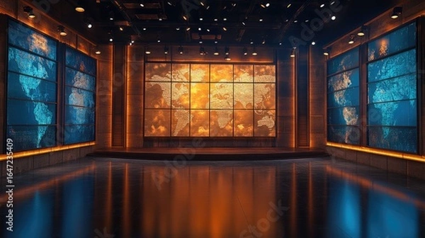 Obraz High-Tech News Stage Featuring a Luminous World Map and Contrasting Color Reflections.