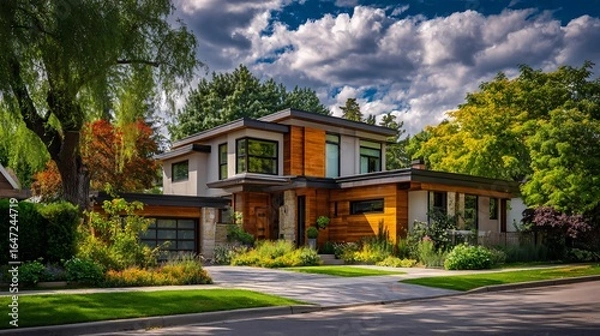 Fototapeta luxurious modern home with a well-maintained garden and contemporary architecture featuring large windows and natural wood accents