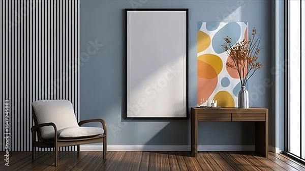 Fototapeta Stylish Interior with Blank Frame, Accent Wall, and Wooden Desk in a Modern Living Room Setting