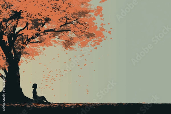 Obraz Minimalist line drawing of a calm silhouette sitting under a large tree with falling leaves, symbolizing mindfulness, balance, and peace, muted autumn colors for mental, calmness