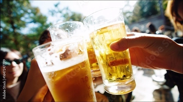 Obraz 夕暮れ時にお酒を飲みながら乾杯する幸せなグループ