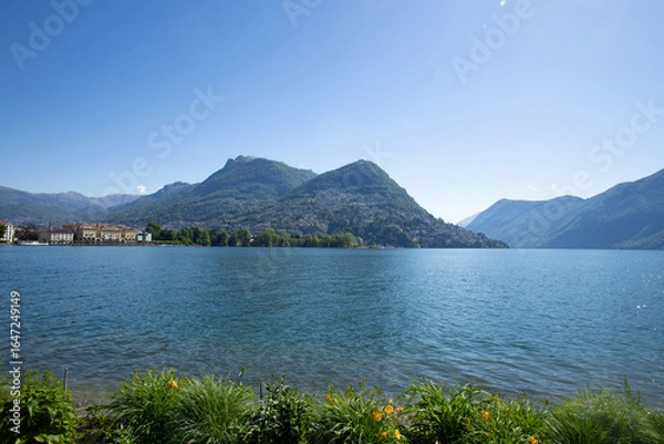 Fototapeta Lugano with its mountains, Monte Brè and Monte Boglia. Landscape of Ticino in Switzerland