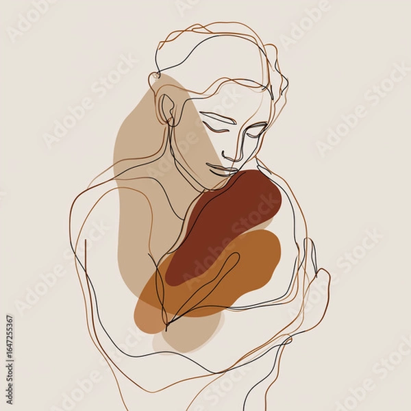 Fototapeta Minimalist line art illustration of a person embracing themselves, symbolizing self-compassion, mindfulness, and emotional healing, clean design with warm earth tones for mental health awareness