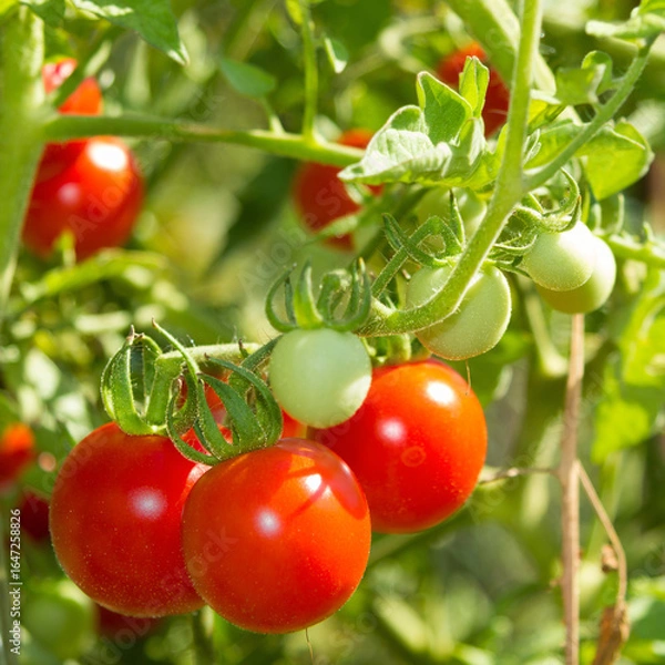 Fototapeta Ripe cherry tomatoes growing on a vine in the garden