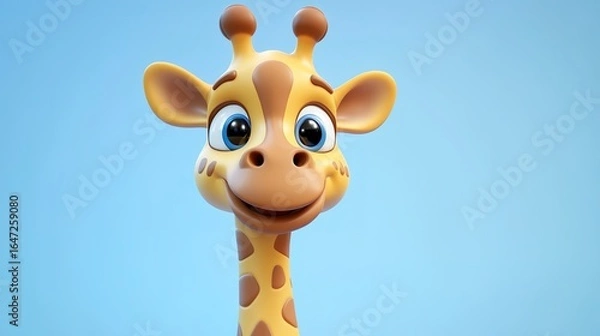Obraz A cheerful, cartoon-style giraffe smiles brightly against a soft blue background, showcasing its distinctive features and playful expression.