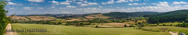 Fototapeta Wide panoramic view of patchwork fields and rolling hills under blue skies in the Shropshire Hills National Landscape, Shropshire, UK. Bright summer light and fluffy clouds convey a fresh rural feel.