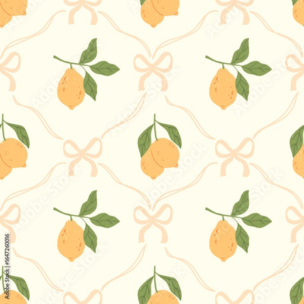 Fototapeta Minimalistic Botanical Seamless Pattern with Lemons, Green Leaves, and Decorative Bows on Light Background