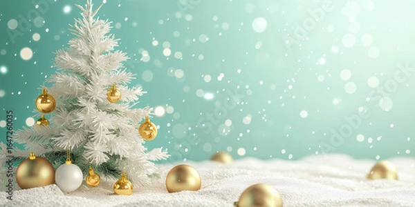 Obraz 雪景色に輝く白いクリスマスツリーとゴールドオーナメント