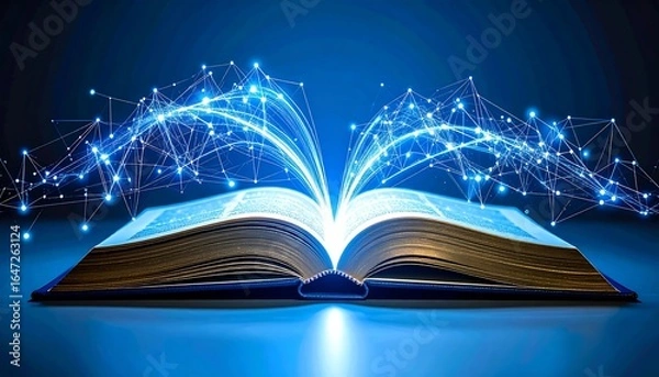 Fototapeta Open book radiating networks of light depicting digital knowledge and innovation radiating with a