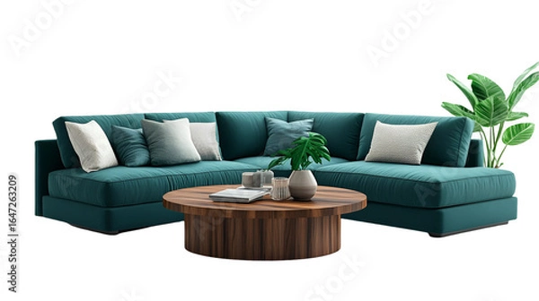 Fototapeta Luxurious teal sectional sofa with decorative pillows, modern coffee table, and lush greenery, perfect for interior design or lifestyle projects