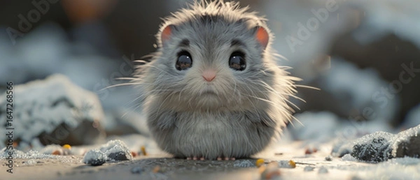 Fototapeta A sad and lonely cartoon hamster character lost in the cold
