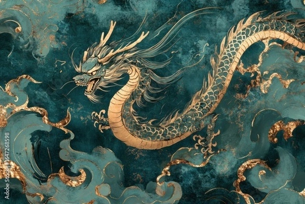 Fototapeta Majestic dragon artwork with intricate details, featuring turquoise and golden accents for a captivating and visually pleasing composition.