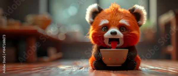 Fototapeta Funny cartoon red panda getting the very last drop
