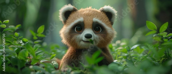 Fototapeta A shy but curious cartoon raccoon character in the forest