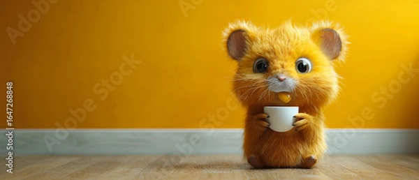 Fototapeta A curious cartoon creature trying its first sip of a drink