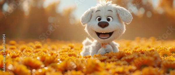 Fototapeta Smiling Animated Dog in a Field of Flowers